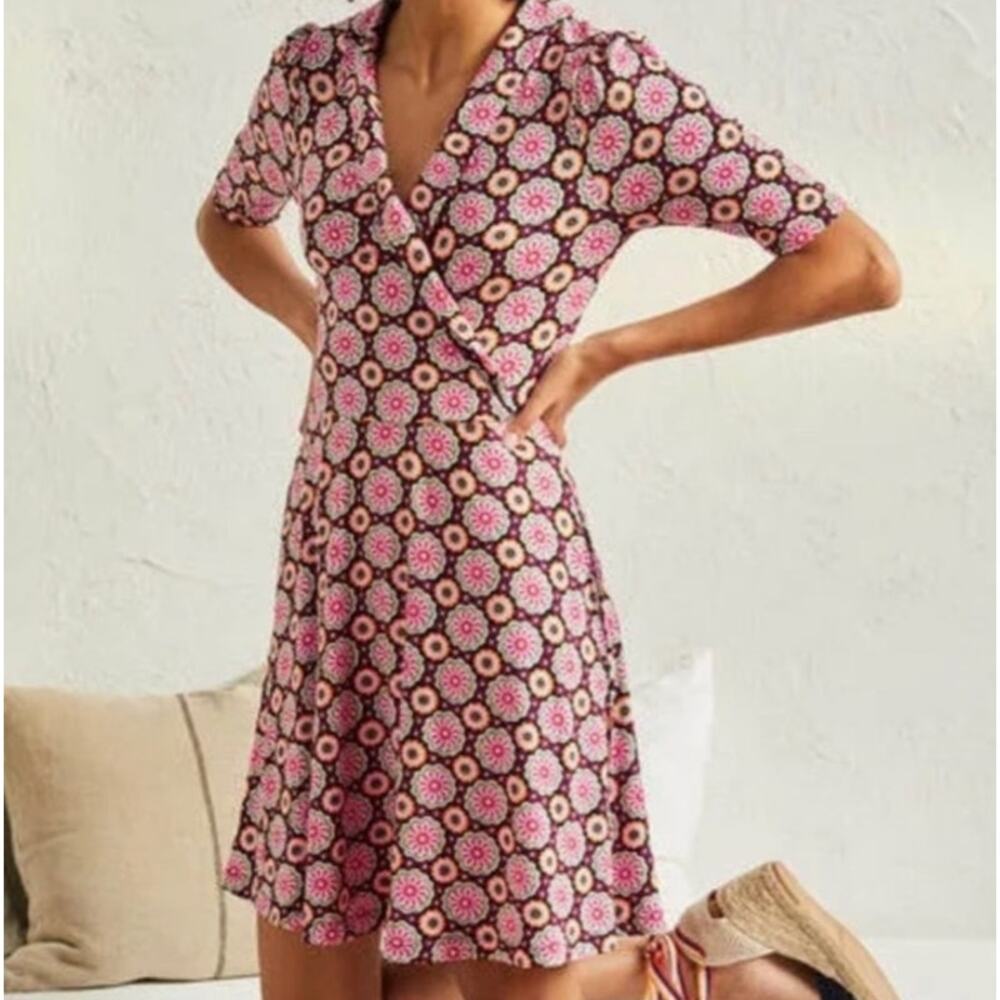 Boden Fixed Wrap Jersey Dress Floral Retro Print Ecovero Pockets UK 12R US 8R
